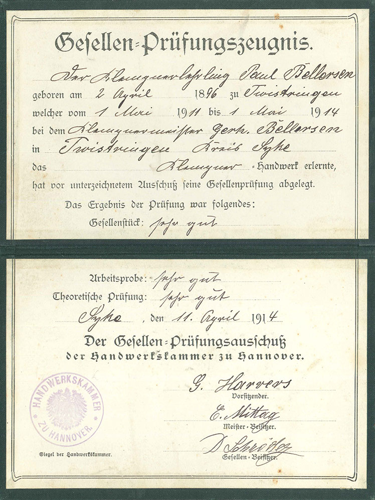 Gesellen-Prüfungszeugnis Paul Bellersen von 1914
